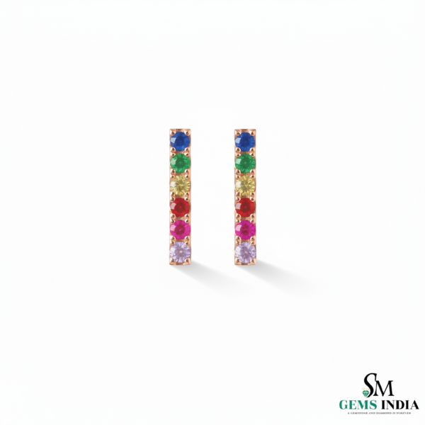Multi Sapphire Vertical Bar Stud Earrings - Minimalist gemstone studs
