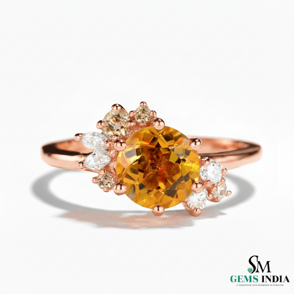 Round Orange Citrine Floral Ring with Diamond Accents in 14k and 18k Gold