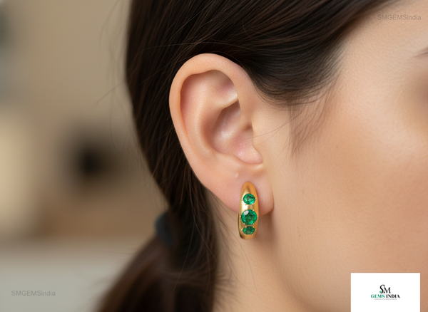 Three Stone Design 1.80 caratRound Natural Emerald Huggie Hoop Earrings