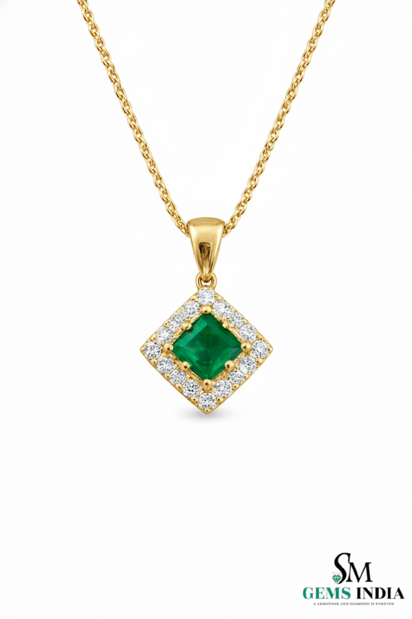 Natural Green Princess Emerald Drop Pendant with Diamond Accents