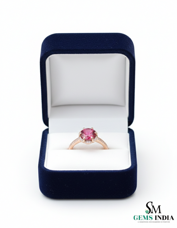 Round cut Natural Ruby Engagement Ring with Diamond Halo in 14k and 18k Gold