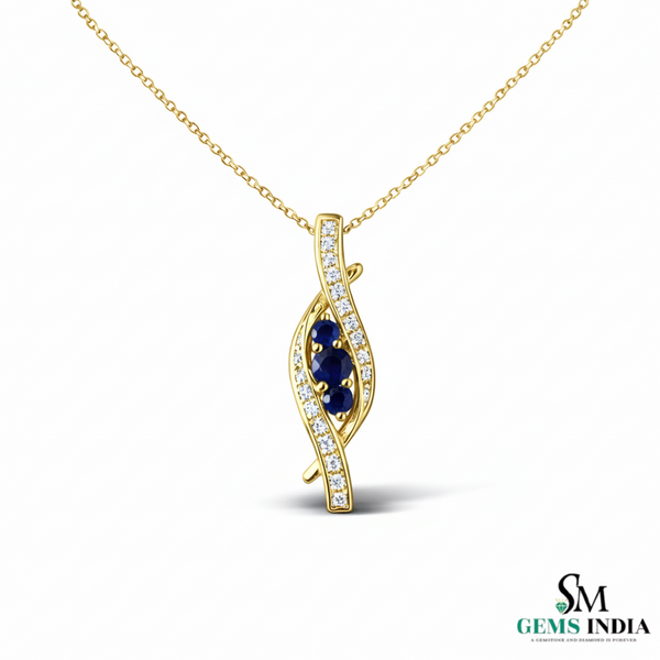 Round Three-Stone Blue Sapphire Diamond Pendant – Elegant Twist Design