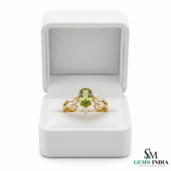 Natural Oval Peridot Diamond Floral Ring - Nature Inspired Gold Ring