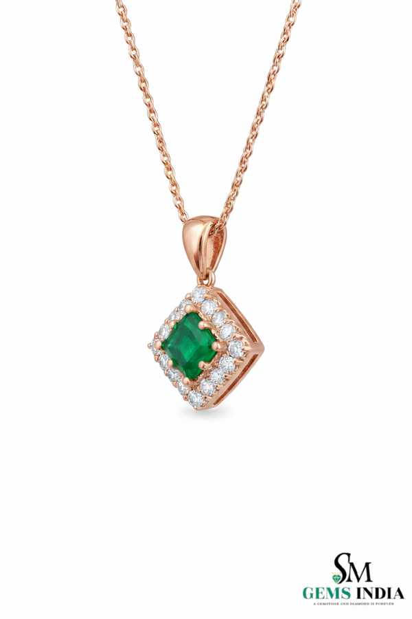 Natural Green Princess Emerald Drop Pendant with Diamond Accents