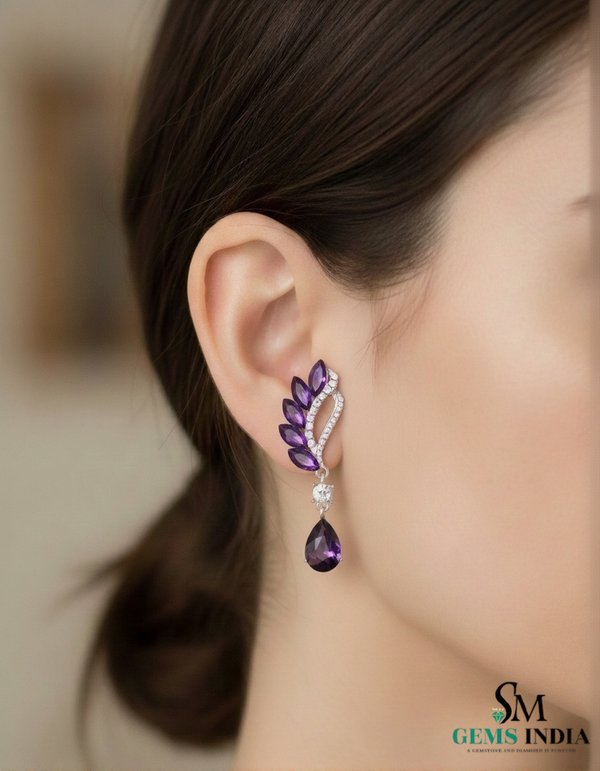 Marquise Cut and Pear Amethyst & Diamond Leaf Drop Earrings in 14K; Gold