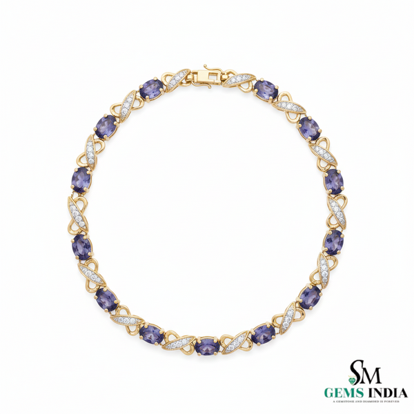 Natural Tanzanite and Diamond Link Bracelet Fine Gold Jewelry