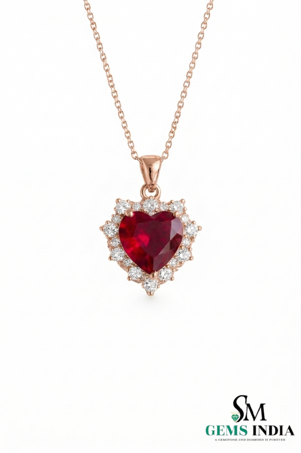 Heart Shape Red Ruby & Diamond Halo Pendant - Romantic Ruby Heart Pendant For Woman