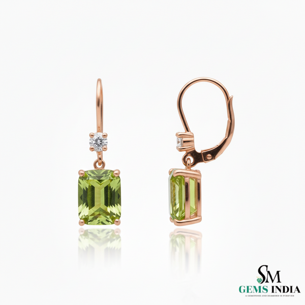 Emerald Cut Natural Peridot Diamond Dangle Earrings - Fine Jewelry Earrings