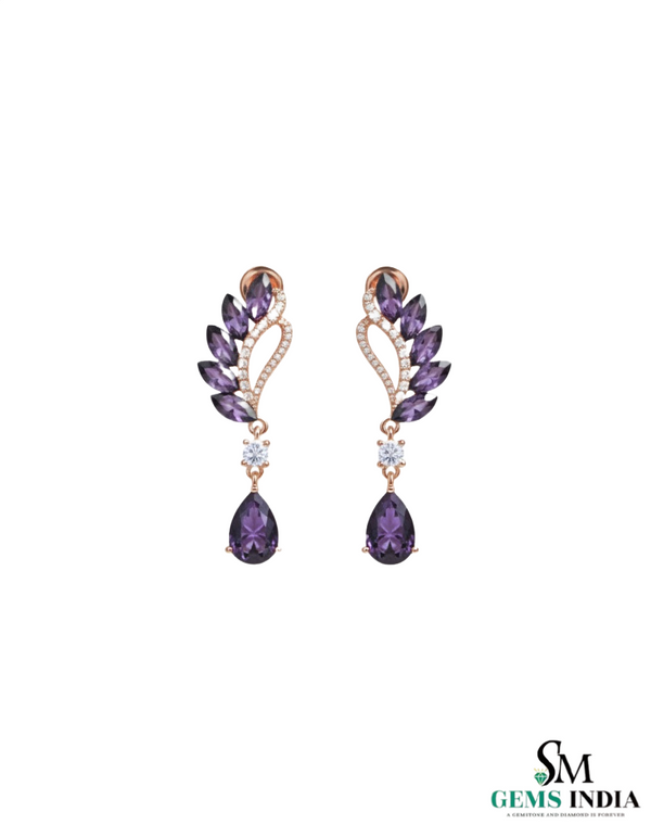 Marquise Cut and Pear Amethyst & Diamond Leaf Drop Earrings in 14K; Gold