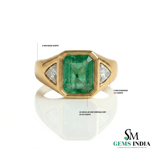 Natural Emerald And Triangle Moissanite Ring 10.20 Carats Engagement Ring in 14K gold