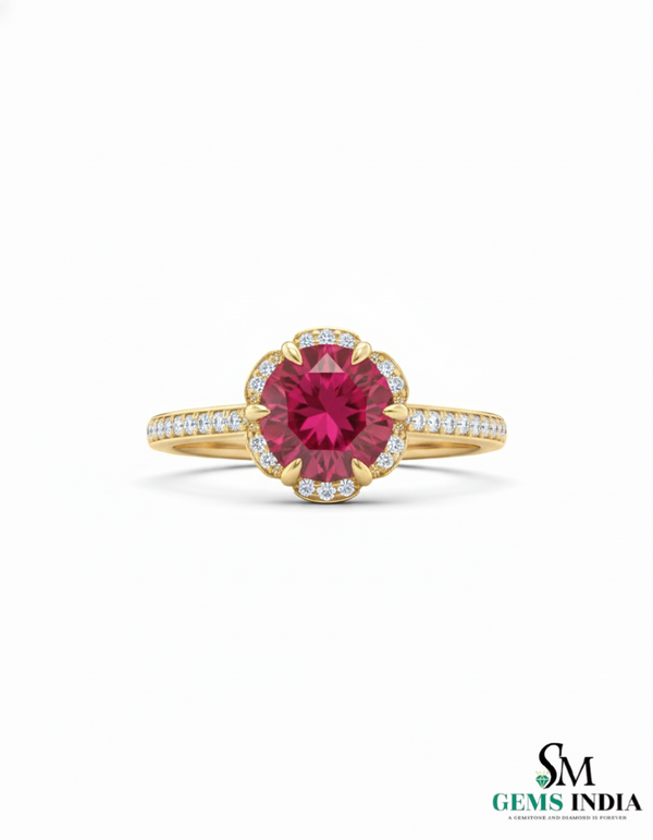 Round cut Natural Ruby Engagement Ring with Diamond Halo in 14k and 18k Gold