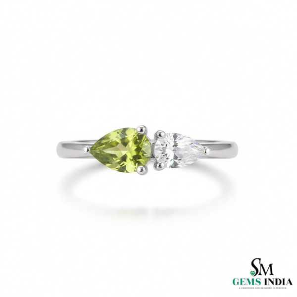 Natural Peridot and Moissanite Two-Stone Ring - Toi et moi ring