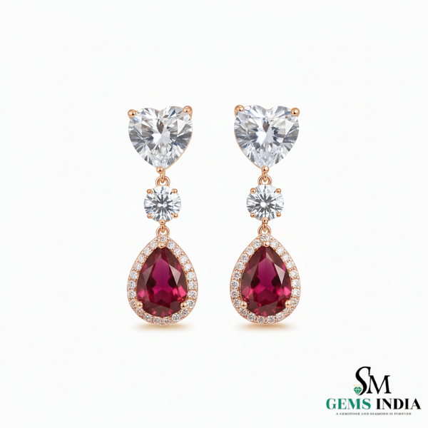 Pear Ruby Drop Earrings with Heart Moissanite & Diamond Accents in 18k Gold