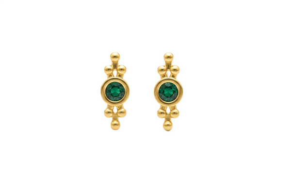 Boho Round Natural Emerald Stud Earrings in 14k Gold Vintage Beaded Design