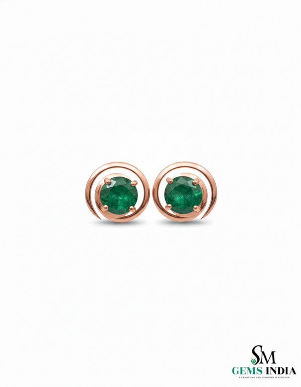 Natural Emerald Stud Earrings – Round Emerald Minimal Swirl Design