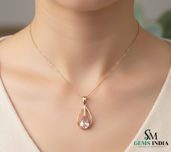 Pear Shape Pink Morganite Diamond Pendant - Diamond accent pendant