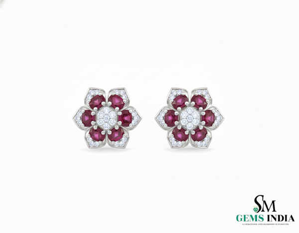 Oval shape Natural Ruby Floral Stud Earrings with Diamond Accents Elegant Gold Jewelry