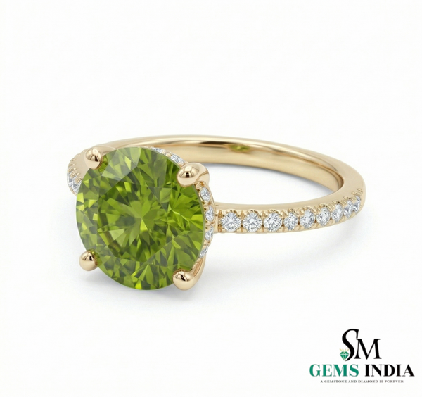 Round Cut Peridot Engagement Ring with Diamond Band - Jewelry gift for her