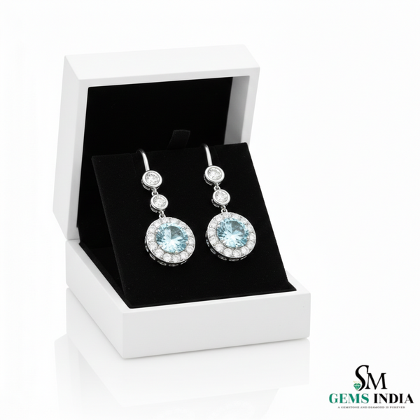 March Birthstone Round Aquamarine Diamond Drop Earrings – Fine Gold Jewelry