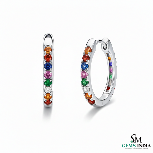 Round Rainbow Multi Gemstone Huggie Hoop Earrings - Fine Gemstone Jewelry