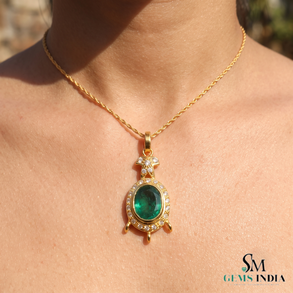 9.50 carat Royal Green Natural Emerald Necklace Diamond Accent Oval Pendant in 14k Gold