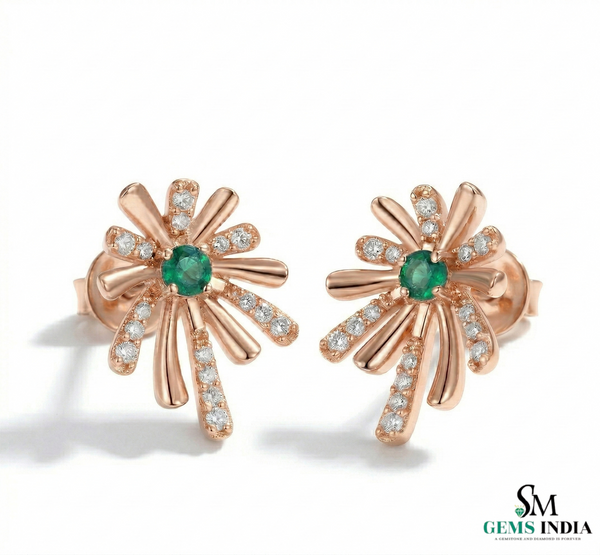 Emerald & Diamond Floral Burst Stud Earrings - Fine Emerald Jewelry