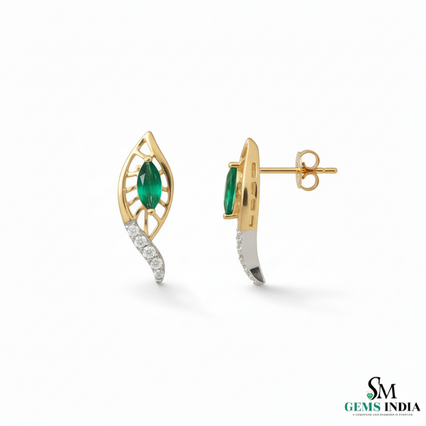 Marquise Emerald and Diamond Leaf Drop Earrings in Gold – Natural Emerald Fine Jewelry