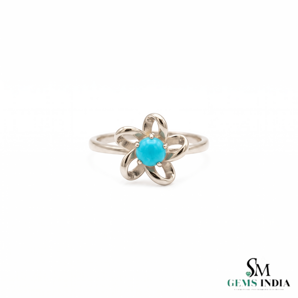 Round Cut Turquoise Flower Ring In 14k Gold – Floral Statement Ring