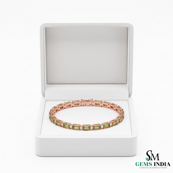 Elegant Emerald Cut Green Gemstone & Diamond Tennis Bracelet