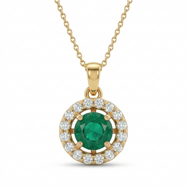 Timeless Round Emerald & Diamond Halo Pendant - Fine emerald jewelry for women