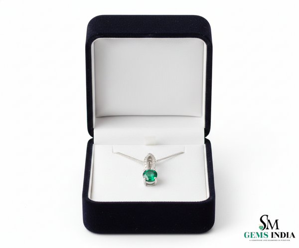 Round Faceted Emerald Solitaire Pendant with Diamond Loop - Green Gemstone Jewelry