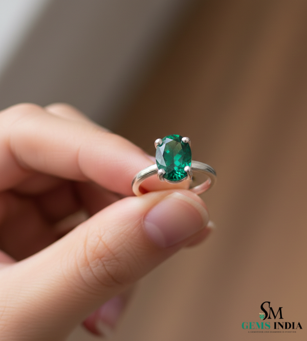 Oval Cut Green Emerald Solitaire Ring – Minimalist Engagement Ring