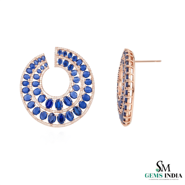 Oval Cut Blue Tanzanite & Diamond Crescent Hoop Earrings in 18k Gold