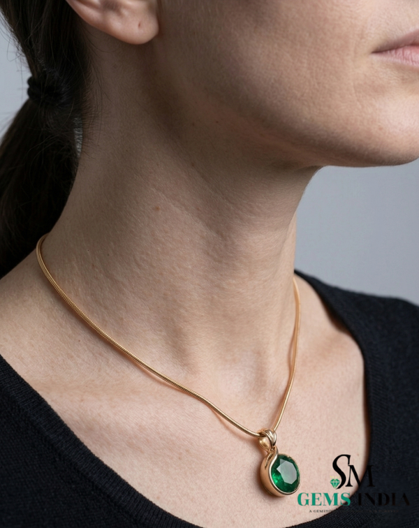 Round Green Emerald Solitaire Pendant - Minimalist Green Emerald