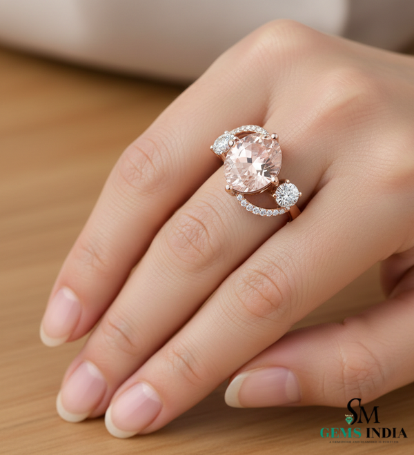 Modern Oval Morganite Ring with Diamond Curved Accents - October birthstone ring