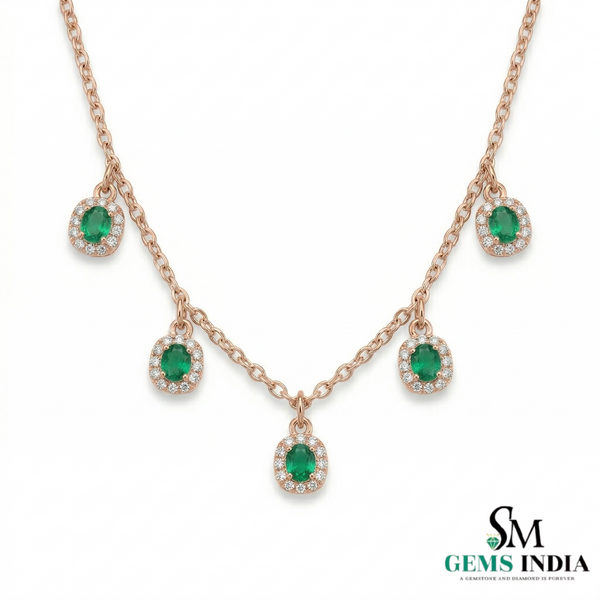 Elegant Oval Emerald Station Necklace with Diamond Halo - Gift for her