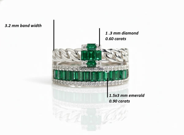 0.90 carat Natural Emerald Baguettes And Diamond Double chain Band Engagement Ring