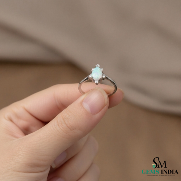 Pear Shape Opal Diamond Ring in 14K Gold Elegant Halo Ring October Birthstone Jewelry