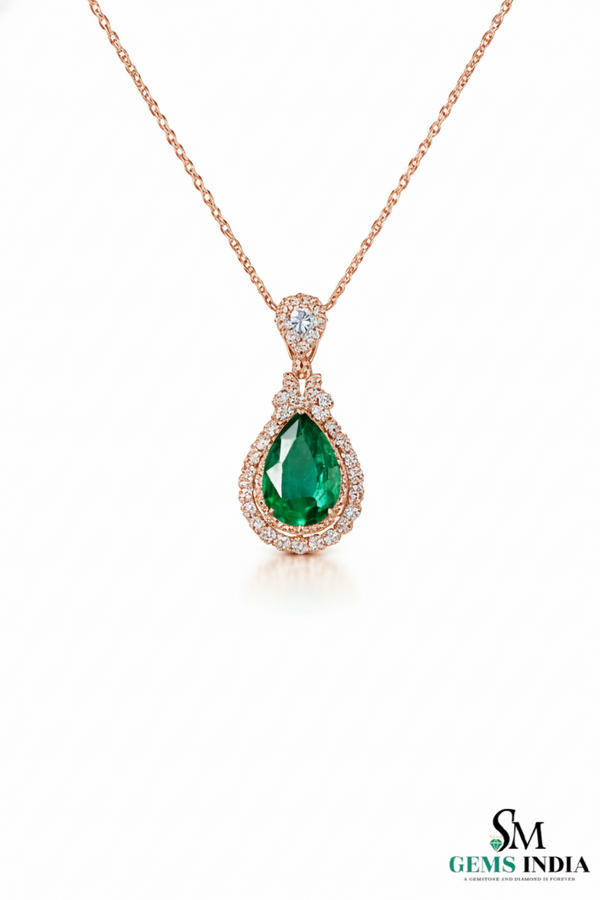 Natural Pear Cut Emerald Diamond Halo Pendant - Elegant Green Emerald Jewelry