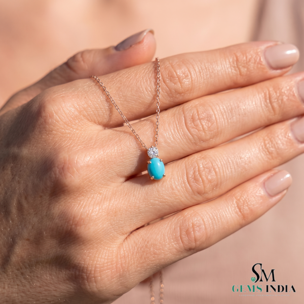 Oval Turquoise Gemstone Pendant With Diamond Accent – Gift For Her