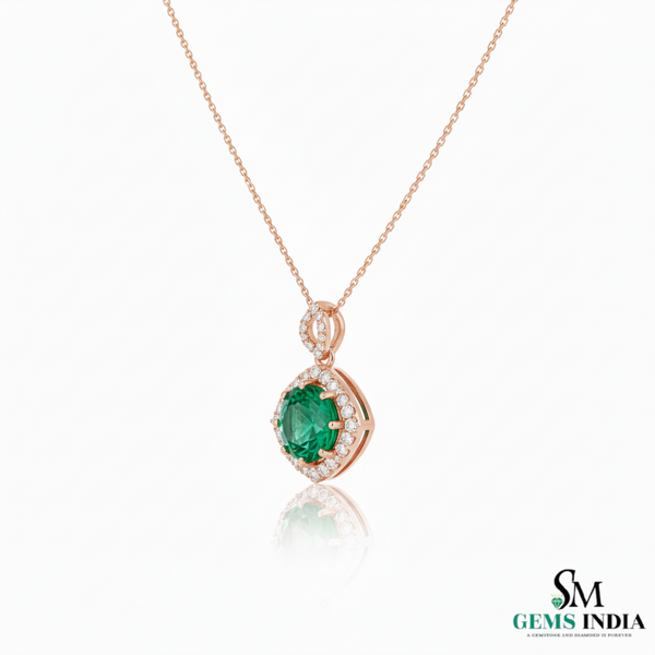 Round Emerald and Diamond Halo Pendant in 18K Gold May Birthstone Jewelry