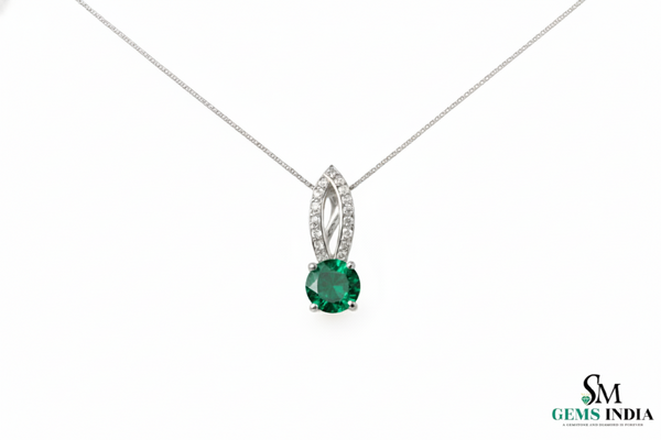 Round Faceted Emerald Solitaire Pendant with Diamond Loop - Green Gemstone Jewelry