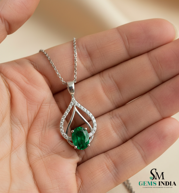 Classic Oval Green Emerald Diamond Teardrop Pendant - Green Gemstone Jewelry