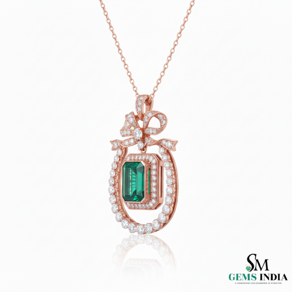 Vintage Style Emerald-Cut Emerald Bow Pendant Luxury Bow Diamond Pendant