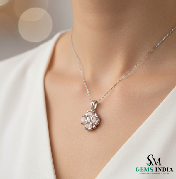 Oval cut Pink Morganite &; Diamond Gold Cluster Pendant for Women