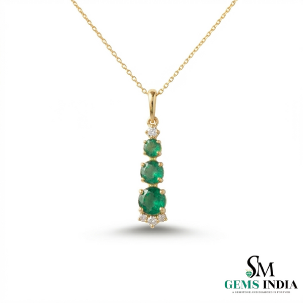 Fine Jewelry Three Stone Emerald ; Diamond Drop Pendant