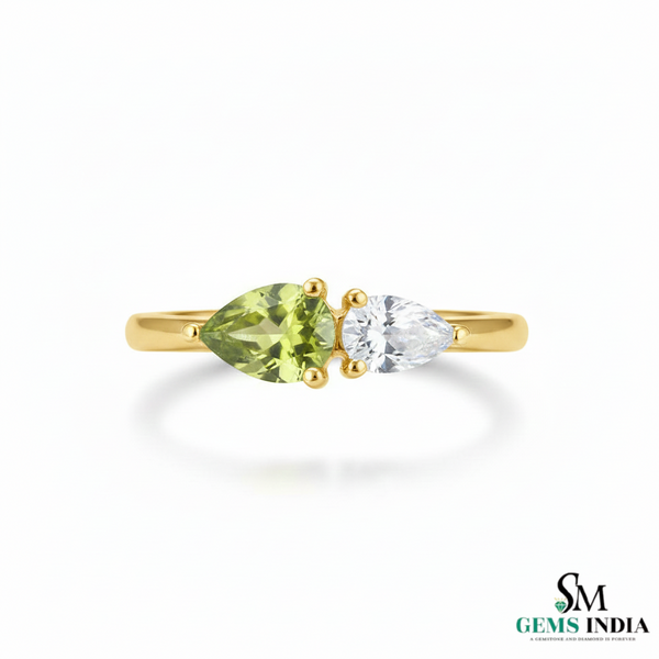 Natural Peridot and Moissanite Two-Stone Ring - Toi et moi ring