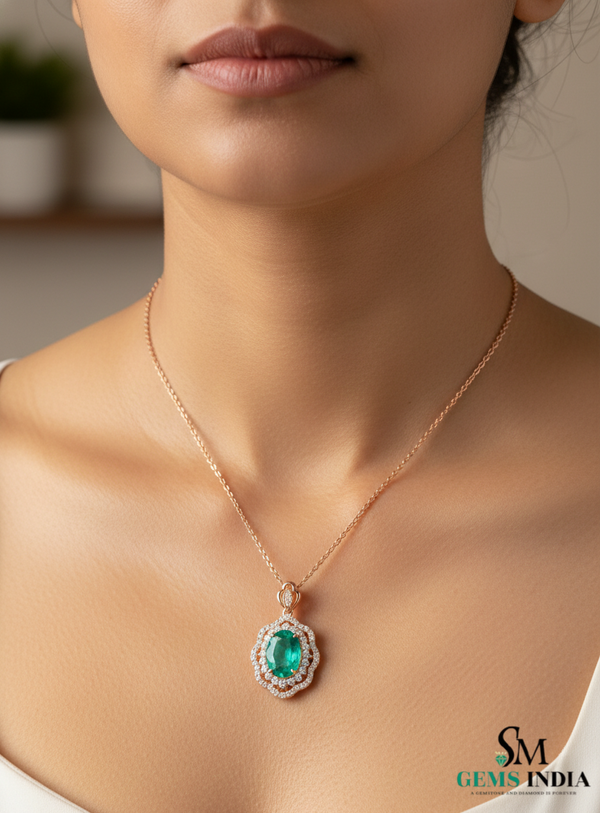 Natural Oval Emerald Diamond Halo Pendant - Fine Emerald Jewelry for Women