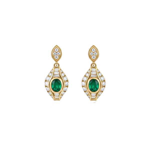 Elegant Oval Natural Emerald Teardrop Earrings Baguette Round Diamond Mix