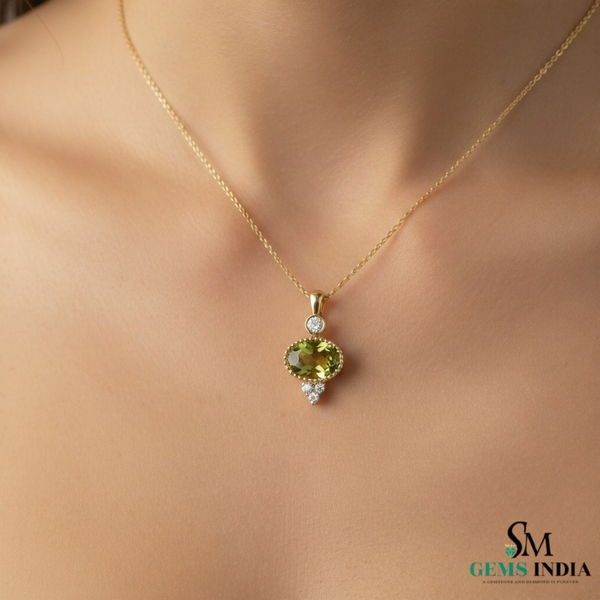 Fine Oval Peridot Pendantwith Diamond